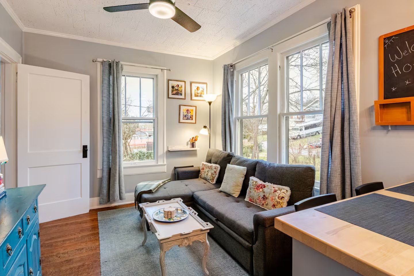 Living room after restoration: refinished hardwood and restored plaster
